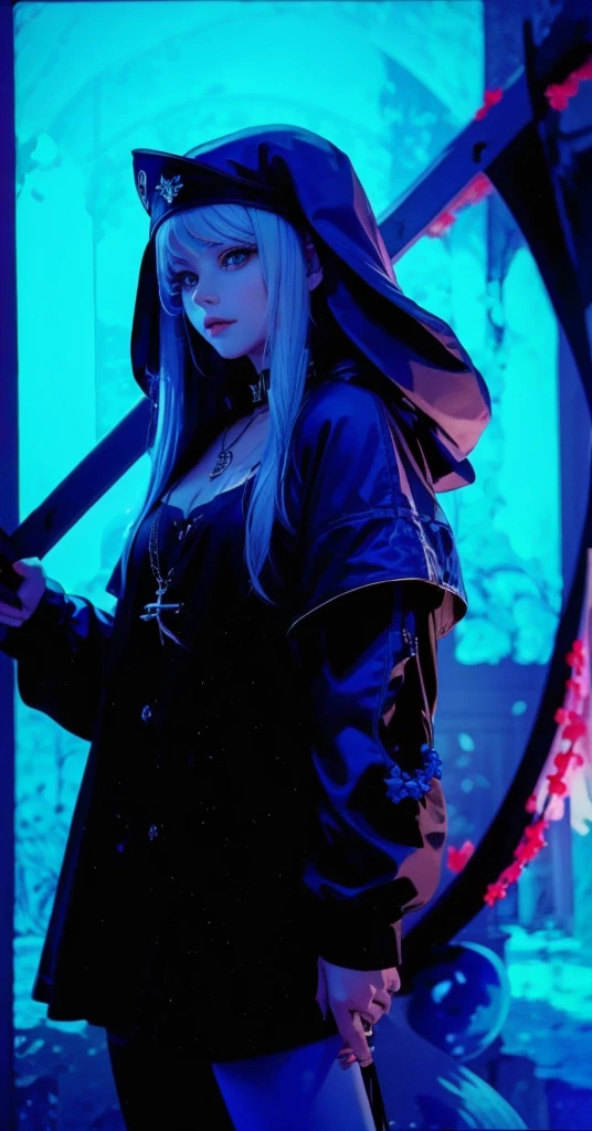 White hair、with a sickle、Cross Necklace、silber hair、Wear a blue aura、Good looking woman、Look into the viewer's eyes、Please wear a blue aura。masutepiece、Best image、Deities々aura、masutepiece、masutepiece