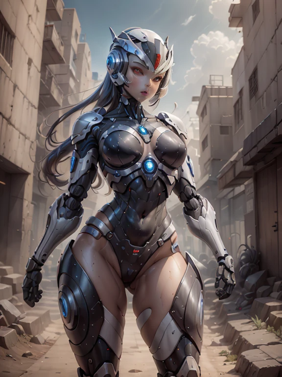 ((robot girl, Mecha)), glare eyes,, 精致的面容, broken armor, Mechanical aura, Mechanical arm, hair grey, long  hair, sex doll ceramic body, thigh gap, large breast, hard nipple. cyber background, very good city, Day Light, (translucent, Reflective skin), 8k, best quality, ultra detali, (Surrealism: 1.4),