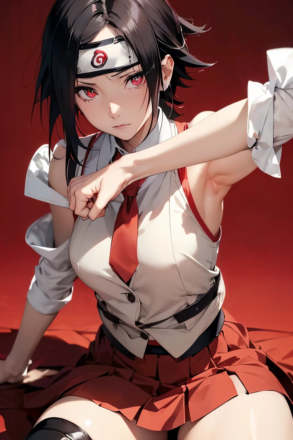 (masterpiece, best quality, cinematic, photorealistic, ultra-detailed), 1girl, (Uchiha Sarada of the Boruto anime series), (straight, shoulder-length hair, prominent bang covering her left eye, and the rest of her hair falls to about shoulder level), cute anime girl, perfect hands, perfect face, perfect anatomy, (wears a vermilion jacket, under which there is a cream-colored vest, under which she has a high-collared white shirt with a red tie), (wears a red skirt and black open-toed boots), distinctive pose, gradient background, (stretching body), (Sharingan eyes), (detailed pupils: Sharingan eyes:1.5)