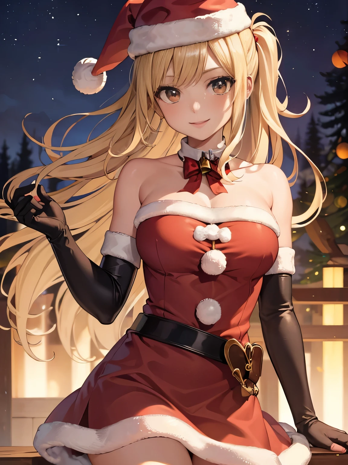 1girl, solo, masterpiece, best quality, high res, highly detailed, (illustration), beautiful detailed eyes, Lucy_Heartfilia, blonde hair, long hair, brown eyes ,glossy lips, makeup, smile, long white satin elbow gloves, cowboy shot, (santa), red santa dress, santa hat, strapless dress