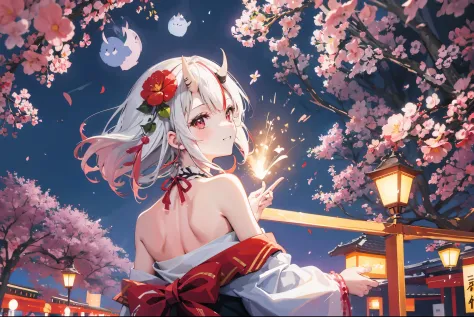 festival, night, firework, flower, sakura tree, very happy face, back side