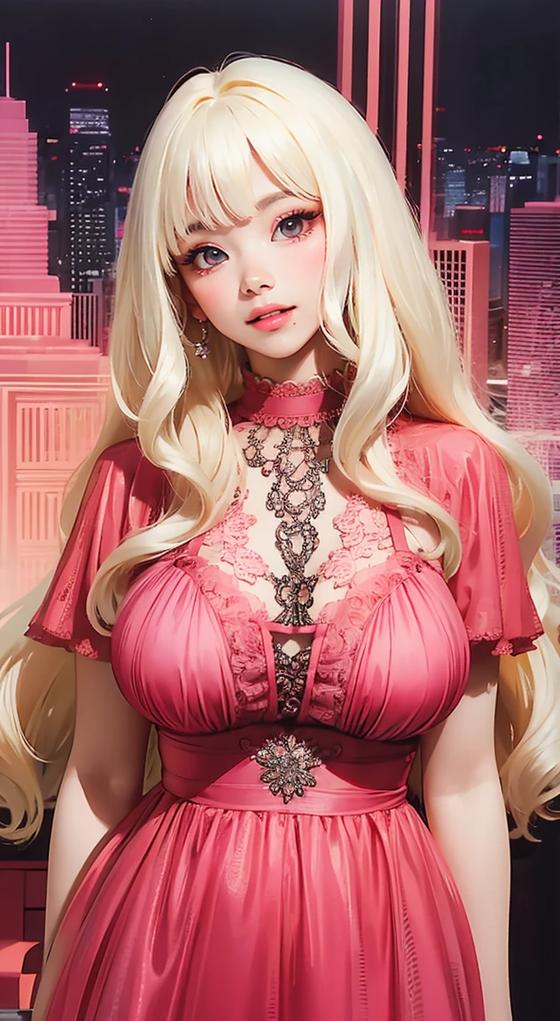 (masterpiece, best quality), wavy hair, assymetrical bangs, intricate lace lingerie, perfect face, beautiful face, alluring, big gorgeous eyes, huge breasts, soft smile, perfect body, standing pose, contrapposto, luxury bedroom, city skyline, bright colors, (risograph)