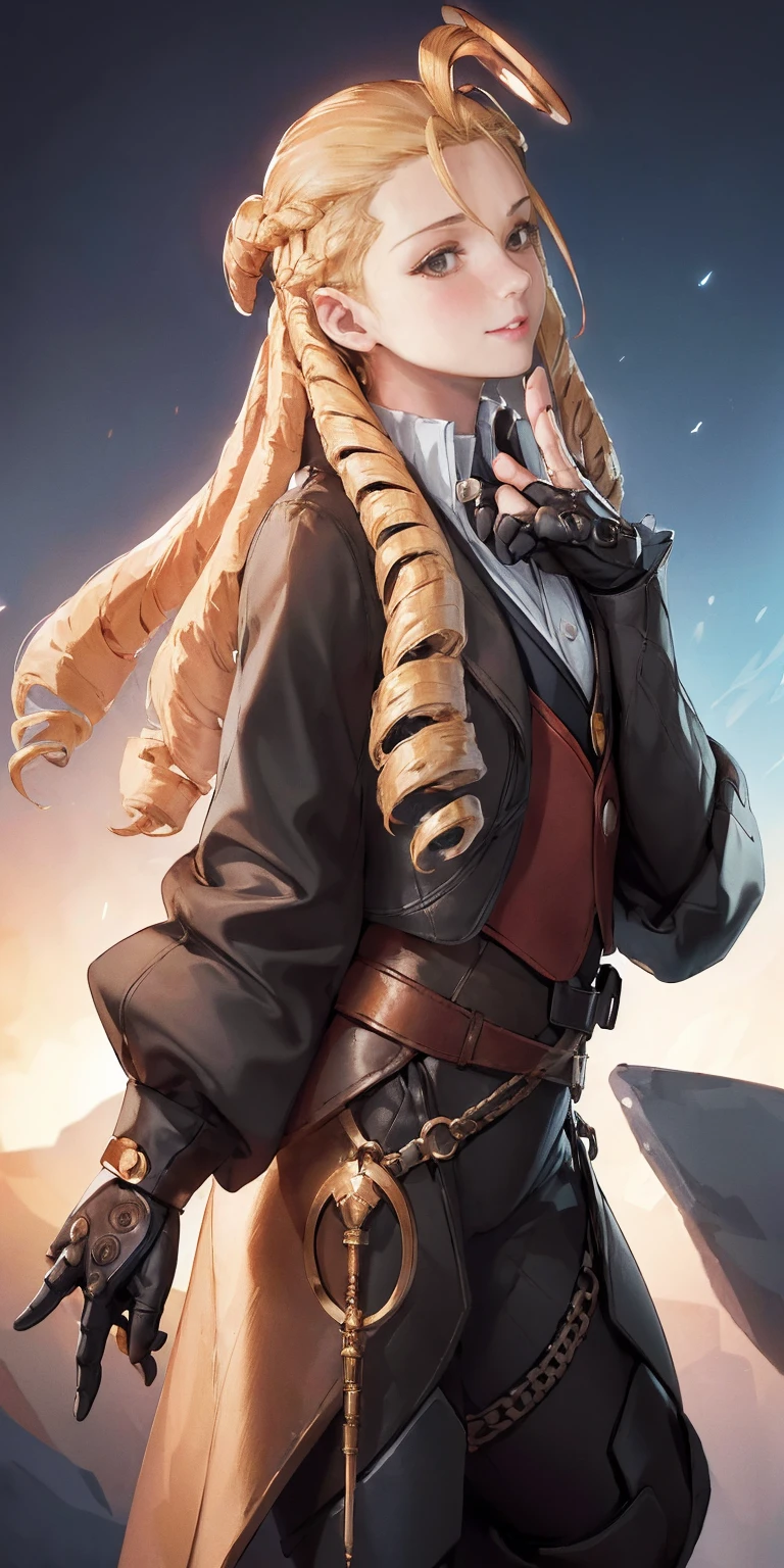 (4k, ultra high resolution, Prominence in Masterpiece, High Quality, Best Quality: 1.2) full body, 1child female, solo, 1girl, 1woman, lustful smirking smile blush, looking at viewer, sitting, blonde hair, long hair, (black jacket), beautiful and detailed face, detailed eyes, looking at the viewer, (grey theme), close jacket, (aesthetic clothings) hands on hips, wide hips, blonde long hair, blonde drill hair, blonde twin drills hair, blue wizard hat, Handcuffs on their hands, With a collar around the neck