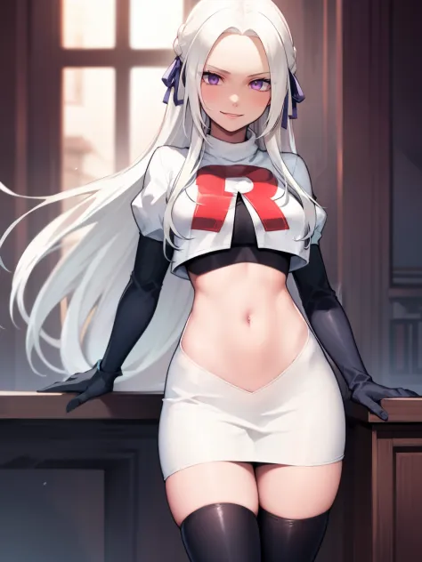 edelgard_academy, hair ribbon, long hair, white hair, purple eyes, glossy lips ,team rocket uniform, red letter R, white skirt,w...