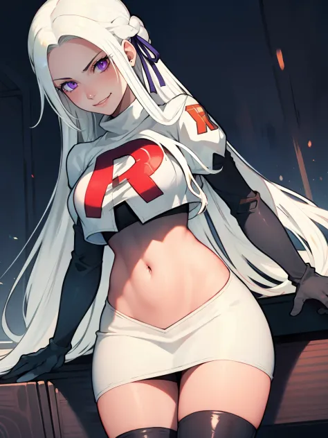 edelgard_academy, hair ribbon, long hair, white hair, purple eyes, glossy lips ,team rocket uniform, red letter R, white skirt,w...