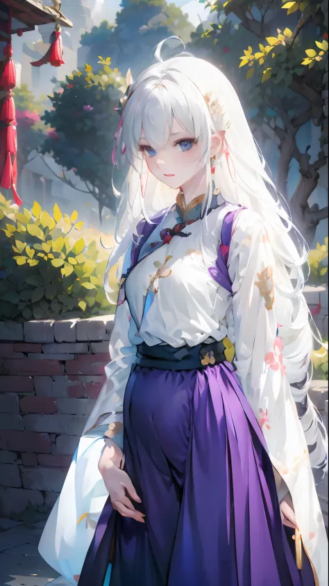 Golden hairpin, white ash hair, blue clothes, (purple cloack: 1.3), pale face, sweating, heavy breath, blushing, pregnancy  dresest quality:1.2), ultra-detailed,realistic ,portraits, vivid colors, soft lighting, interesting PoV, stocking, straight hair, pr...