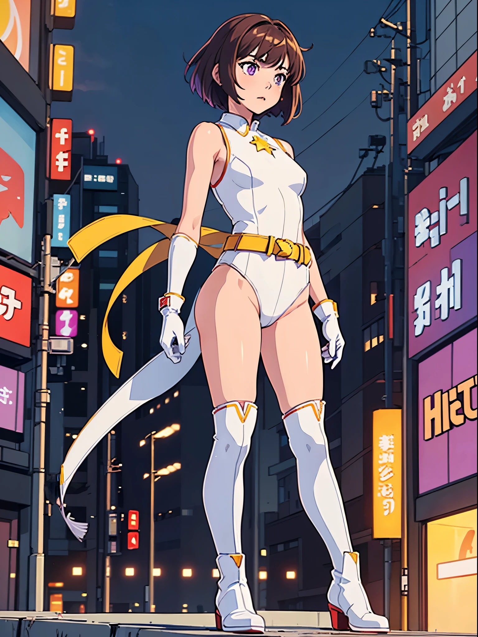 1 chica, pechos medianos, (leotard, Leotardo blanco y rojo), piernas desnudas, (cinturón apretado, cinturón amarillo), (botas, matching botas, ankle botas, white botas), guantes, white guantes, telón de fondo de la ciudad, Tokyo telón de fondo de la ciudad, (solo, soltero), manos en la cadera, de pie, tiro de cuerpo completo, tiro de vaquero, superhero, hermosos ojos detallados, mujer madura, (símbolo de estrella dorada en el pecho), (Pelo castaño), (leotardo de pierna alta), (ojos morados), (pelo bob, cabello corto), Sin mangas