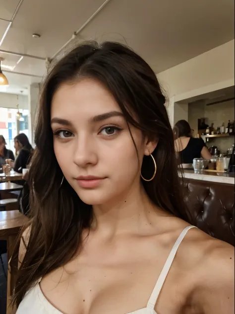 Photo of a 20 year old brunette woman, that  has a very natural face,  thin lips, thin eyes, thin eyebrows, thin nose, earrings, long eyelashes. She makes a cute selfie in a cafe