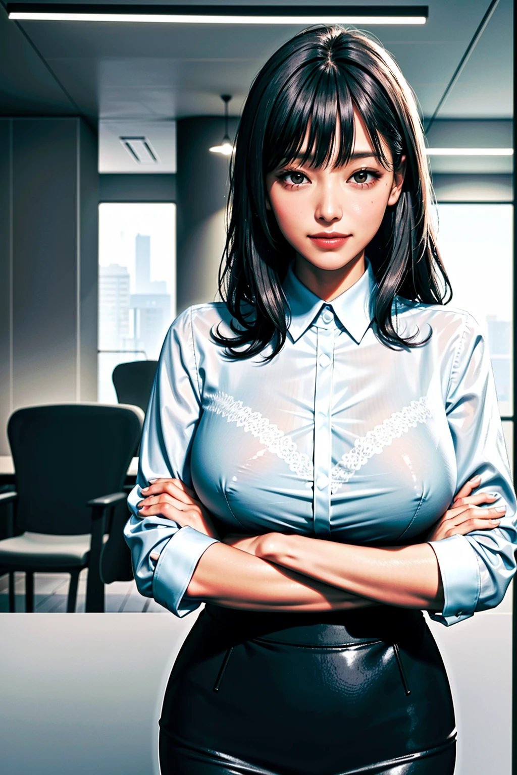 (modern office indoors), 1lady, solo, mature female, (black medium hair), bangs, (suit), (jacket), open jacket, (pencil_skirt), (black pantyhorse), ((id card)), blush kind smile, (masterpiece best quality:1.2), delicate illustrations, high resolution, super detail, (huge breasts:1.1), ((bra visible through clothes)), (white shirt), black bra