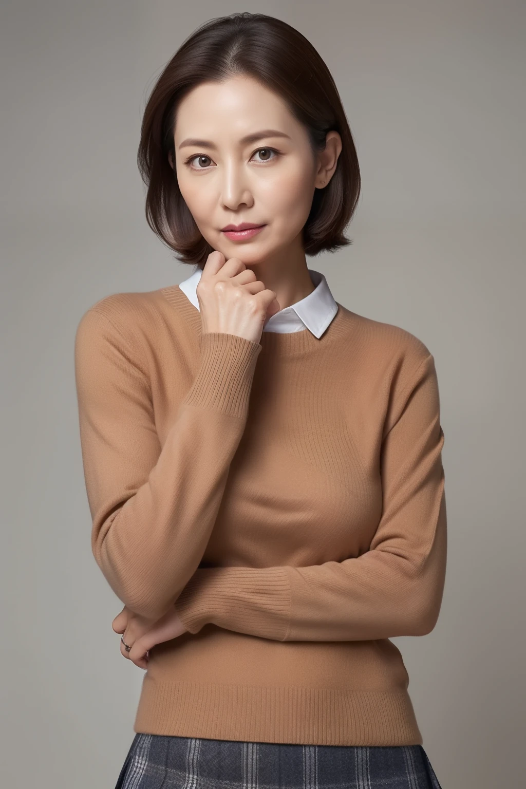 茶色のセーターとチェック柄のスカートを着て写真を撮る女性 - SeaArt AI