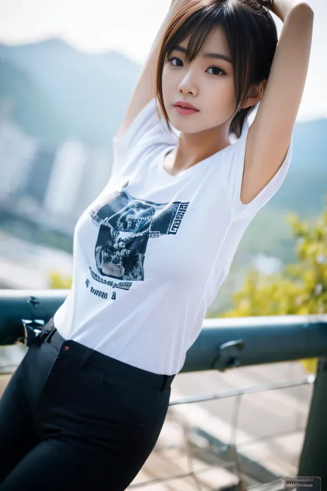 (Best Quality,in 8K,nffsw:1.2),(cute Japanese girls),(Glamour),(T-shirt、Tight pants),perfect anatomia, Beautiful upper limbs、artistic、Mystical, The structure of the human body is accurate、Beautiful、Eversummer、