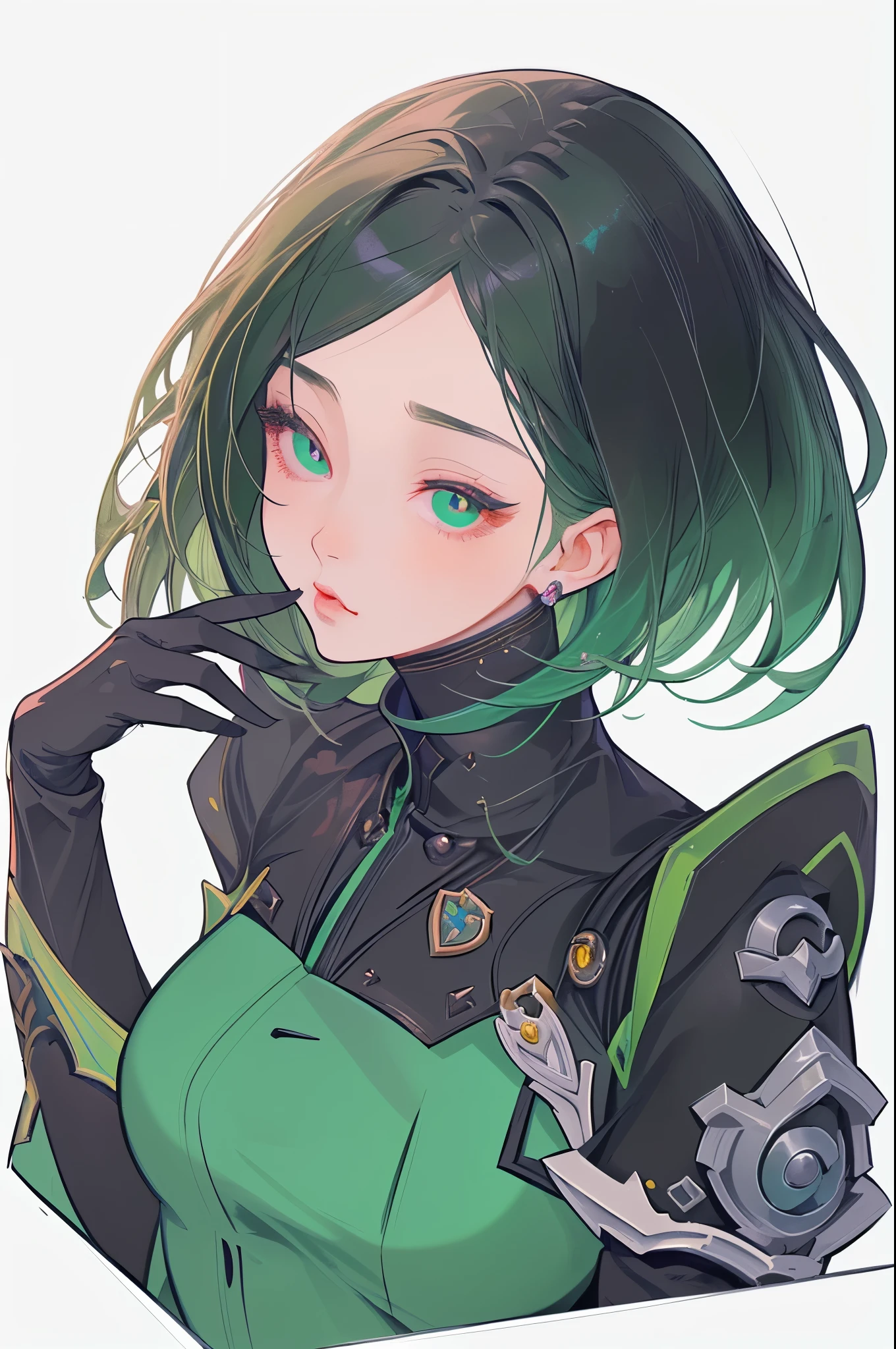 a drawing of a woman with green hair and a black jacket, rogue anime girl, portrait knights of zodiac girl, perfect android girl, high quality colored sketch, demon slayer rui fanart, highly detailed exquisite fanart, android heroine,  cute cyborg, from overwatch, 极其详细的Artgerm, high quality fanart, overwatch fanart, Senna de League of Legends