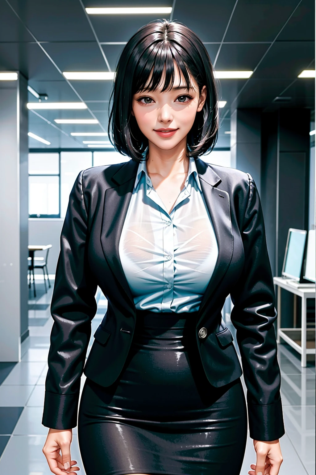 (modern office indoors), 1lady, solo, mature female, (black medium hair), bangs, (suit), (jacket), open jacket, (pencil_skirt), (black pantyhorse), ((id card)), blush kind smile, (masterpiece best quality:1.2), delicate illustrations, high resolution, super detail, (huge breasts:1.1), ((bra visible through clothes)), (white shirt), black bra