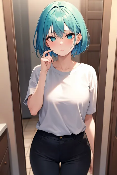 ((best quality)), ((masterpiece)), (detailed), perfect face, 1girl, turquoise hair, pixie cut, turquoise eyes, T-shirt, long pants, pale skin, bathroom, looking at herself in the mirror upset
