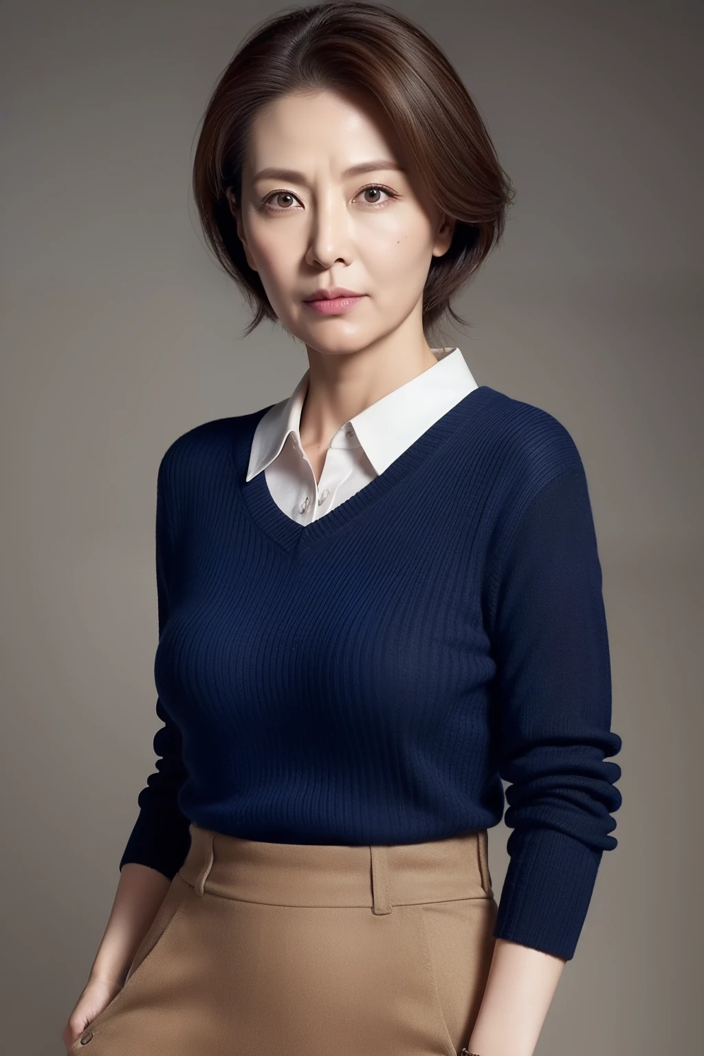 青いセーターと茶色のパンツを着た女性が写真を撮る - SeaArt AI