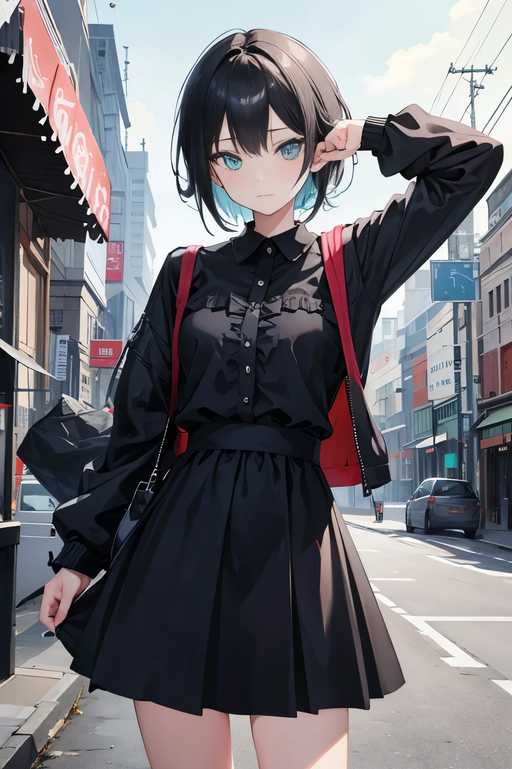 (masutepiece:1.2, Best Quality),  [1 girl in, expressioness, (Turquoise eyes;1.3), front facing, jet-black hair, half short cut hair,straight hair, Jacket is taken off, Cafe Apron,black frill skirt,] cowboy shot,