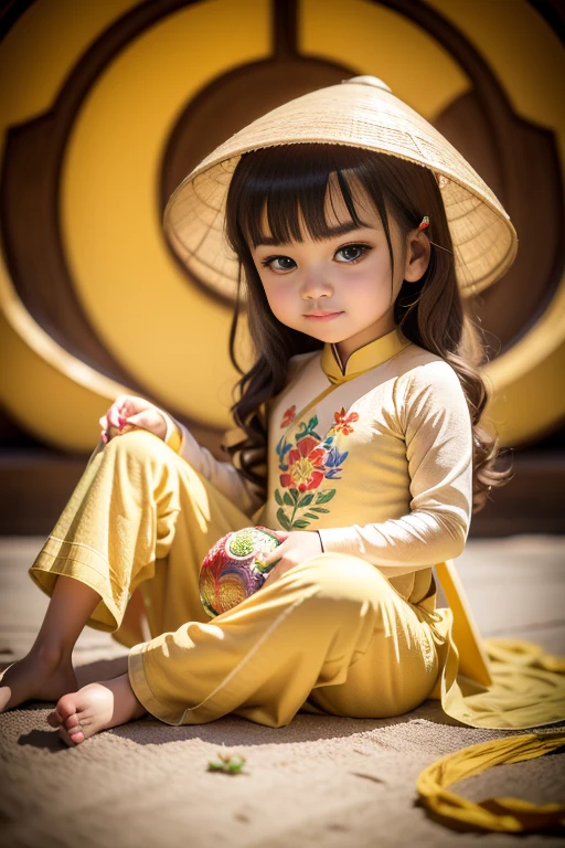 A little girl with big brown eyes, sharp eyebrows, curled eyelashes, wearing a yellow Vietnamese ao dai embroidered with flowers, a Vietnamese conical hat,( dragon:1.2),(sitting on a funny little colorful dragon wrapped around heẻ:1.2), behind there is a white background, personality, cute, petite, cute, deviant art, art trend, digital art, detail, cute, realistic personality, tiny, cinema sho , movie lights,