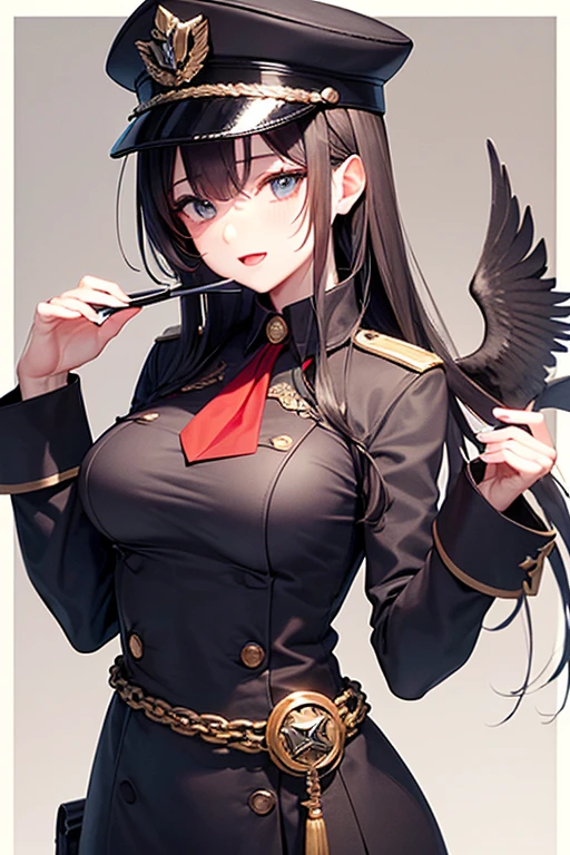 Anime, uniforme militar, Cabelo preto, seios, Boné militar