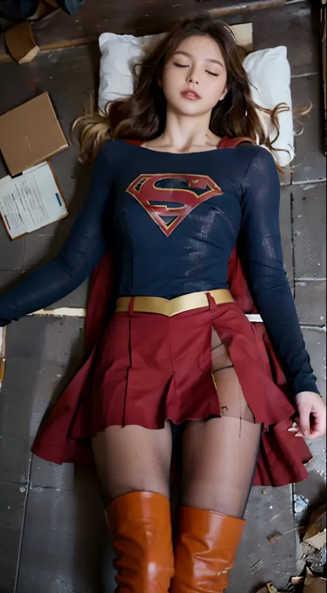 HD, Masterpiece, (((super detailed face))), (beautiful face), 1 woman in a superman costume laying on the floor, very beautiful supergirl, super photo realistic, super photorealistic, visual of supergirl, (pantyhose:1.4), ((full body shot)), 4k, cinematic,...