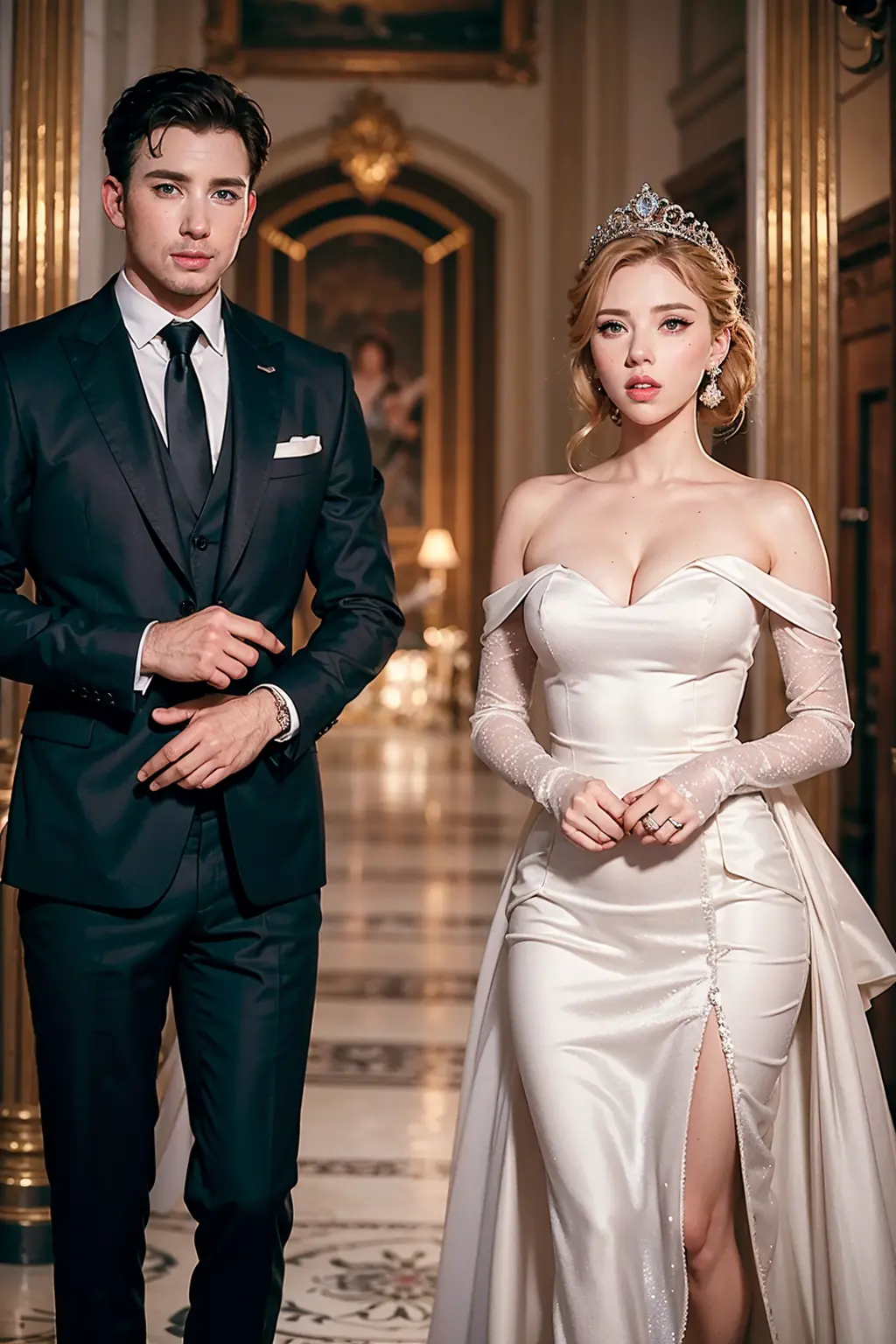 Scarlett Johansson e Chris Evans, vestidos com trajes reais deslumbrantes, depict royalty in a magnificent scene. Their clothes ...