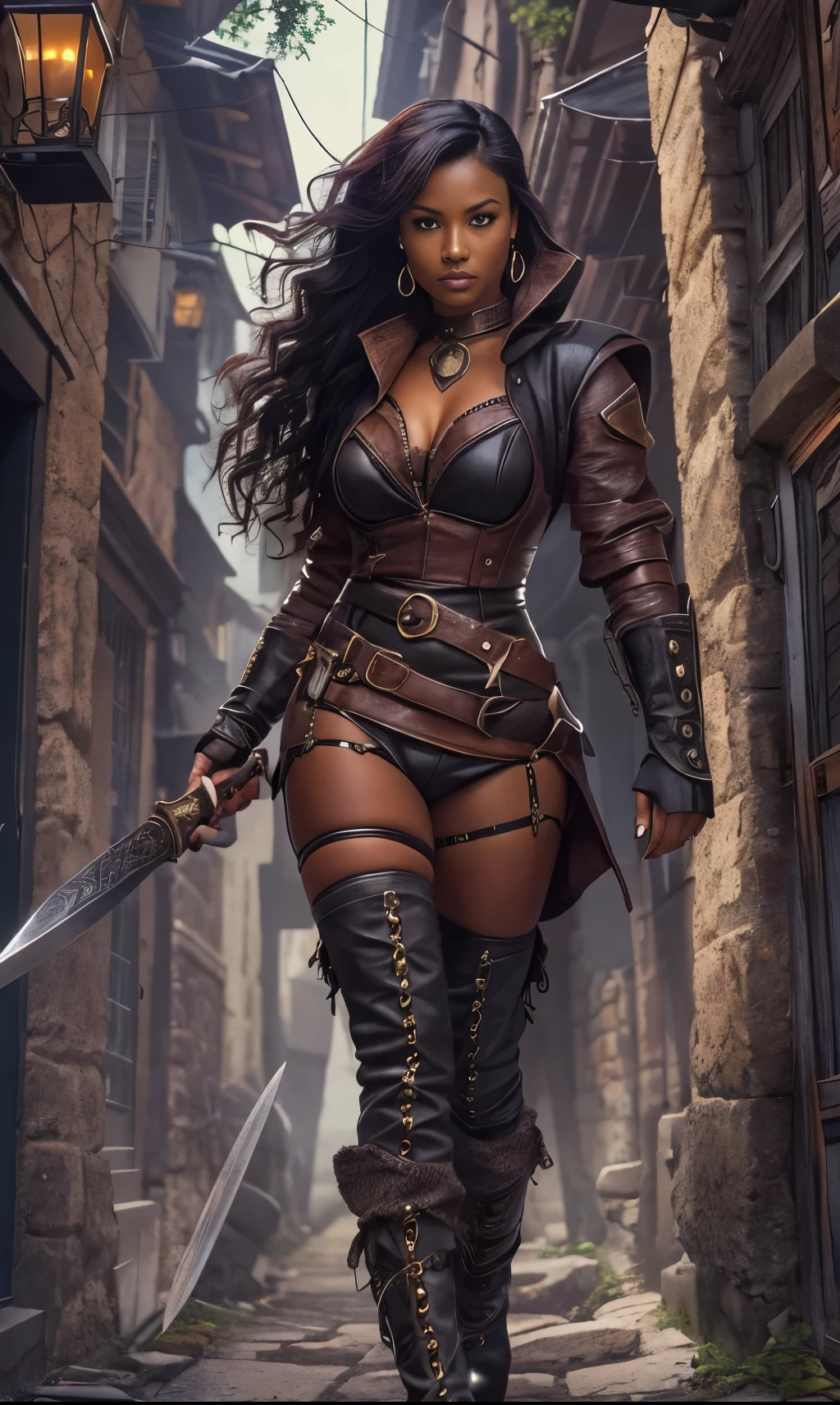 (a detailed female rogue,a black-skinned female rogue,a black skinned female rogue with an intense expression)black female rogue,sneaking through an alley in a medieval town,leather armor with a skimpy design,showing a hint of sensuality,curly black hair,flowing and vibrant,holding a shiny dagger in one hand,holding a leather whip in the other hand as a weapon,"high-heeled leather boots",giving her an agile and dangerous aura,medieval-themed alley,with dim and flickering lanterns casting a mysterious and eerie light,ancient architecture towering on both sides of the alley,adding a sense of history and atmosphere