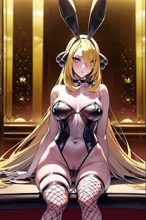 ((cynthia //(pokemon)//,blonde hair, hair covering one eye, hair ornament, sitting in casino)), (translucent bunnysuit, showing stomach, wearing bunny ears, (2 bunny ears, fishnets stockings, choker), bar in background, crowds of people in background, (mas...