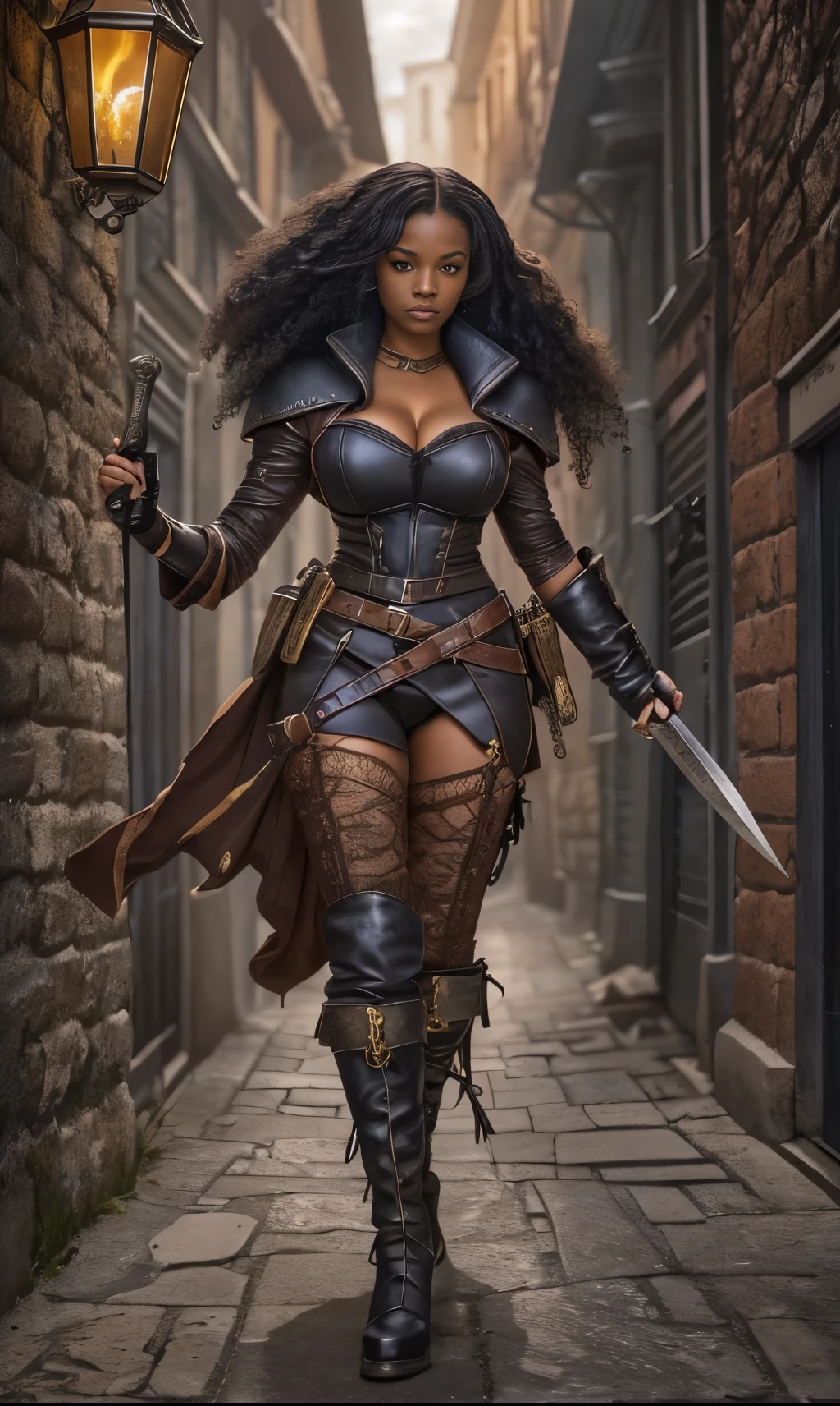 (a detailed female rogue,a black-skinned female rogue,a black skinned female rogue with an intense expression)black female rogue,sneaking through an alley in a medieval town,leather armor with a skimpy design,showing a hint of sensuality,curly black hair,flowing and vibrant,holding a shiny dagger in one hand,holding a leather whip in the other hand as a weapon,"high-heeled leather boots",giving her an agile and dangerous aura,medieval-themed alley,with dim and flickering lanterns casting a mysterious and eerie light,ancient architecture towering on both sides of the alley,adding a sense of history and atmosphere