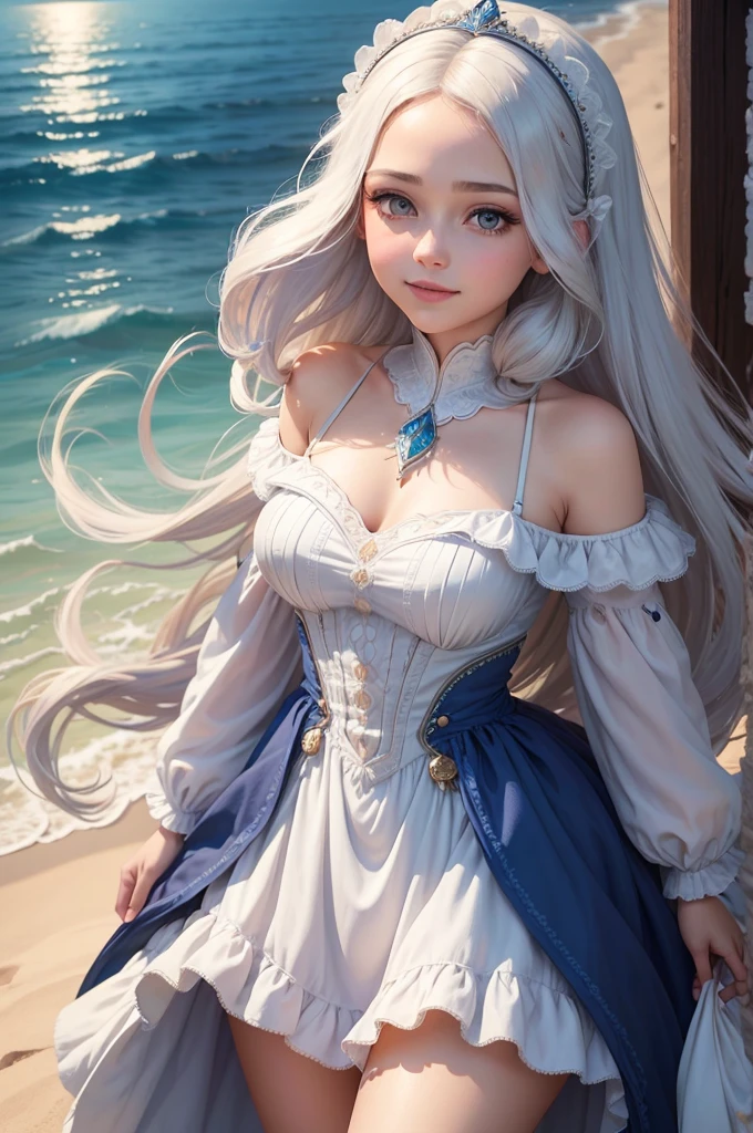 There is a girl who comes out of the sea, The Swan Princess of Russian mythology, A beautiful calm face, blue eyes, long blonde hair braided in a braid, The moon moon is woven into the hair on the back of the head, white old russian bright clothes, A Kokoshnik crown on his head, A loving look, a half smile, a soft expression on his face, A background seascape and sunlight, Seagulls in the sky, full-length,  photorealism