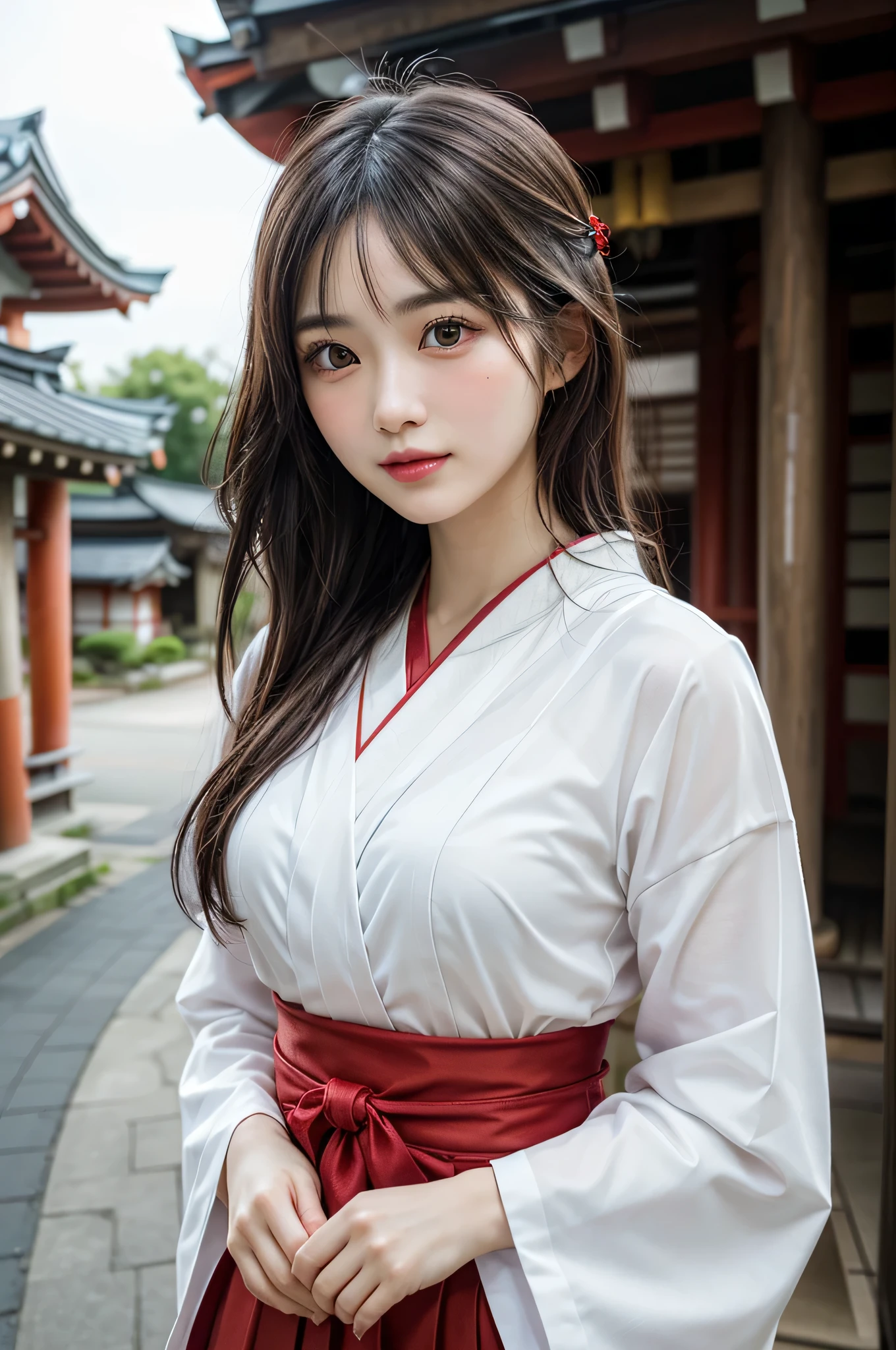 1女孩, (圣地 maiden), (Japanese style 圣地 maiden costume, 白色外罩, 也红色:1.3), 非常可爱, 令人惊叹的脸庞和眼睛, (极其细致美丽的脸庞), (Ultra 实际的), (非常细致的眼睛, 高度细致的头发, 脸部细节丰富, 非常细致的丰满嘴唇), 上半身, 搜索微笑, (最好的质量:1.4), RAW 照片, (实际的, photo-实际的:1.37), 专业摄影, 电影灯光, 神圣的, 圣地, 红色托里门,