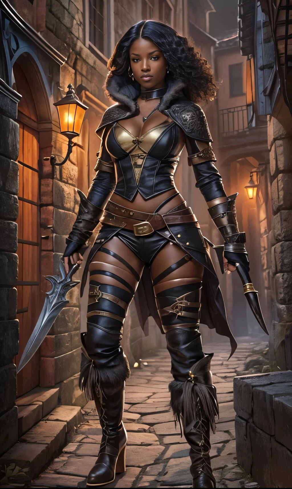 (a detailed female rogue,a black-skinned female rogue,a black skinned female rogue with an intense expression)black female rogue,sneaking through an alley in a medieval town,leather armor with a skimpy design,showing a hint of sensuality,black patterned pantyhose,curly black hair,flowing and vibrant,holding a leather whip in one hand as a weapon,"high-heeled leather boots",giving her an agile and dangerous aura,medieval-themed alley,with dim and flickering lanterns casting a mysterious and eerie light,ancient architecture towering on both sides of the alley,adding a sense of history and atmosphere