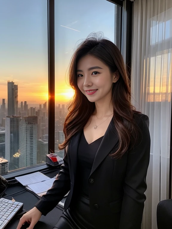 top-quality, (Hairstyle is semi-long), (Tight black suit jacket), (Tight black suit skirt),(White camisole in satin material), (Glossy white camisole), A smile:0.25, Bewitching face:0.5, Hair color is brown close to black, beautiful japanese female, (30-years old:0.5), (3:0.75), Dark eyeliner, (ultra-sexy:1), slightly muscular, (Smaller chest), (From head to thigh), High-level ranks, (An office with a lot of computers),(IT Company Office), (Sunset view of skyscrapers)