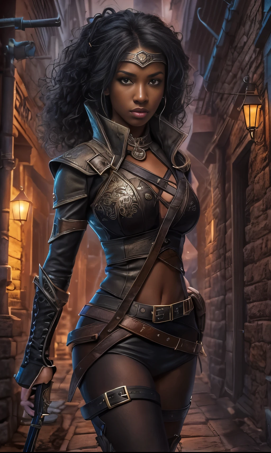 (una pícara femenina detallada,una pícara de piel negra,Una pícara de piel negra con una expresión intensa.)Pícara negra,furtivamente por un callejón en una ciudad medieval,armadura de cuero con un diseño diminuto,mostrando un toque de sensualidad,pantimedias estampadas negras,El pelo negro y rizado,fluido y vibrante,sosteniendo un látigo de cuero en una mano como arma,dándole un aura ágil y peligrosa,callejón de temática medieval,con linternas tenues y parpadeantes que proyectan una luz misteriosa y espeluznante,arquitectura antigua que se eleva a ambos lados del callejón,agregando un sentido de historia y atmósfera