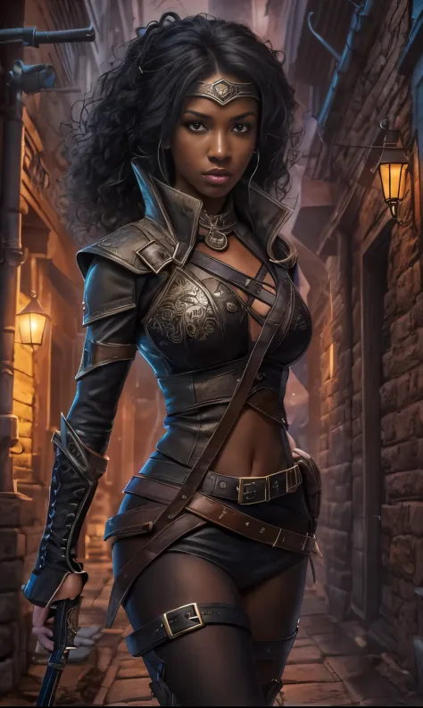 (a detailed female rogue,a black-skinned female rogue,a black skinned female rogue with an intense expression)black female rogue...