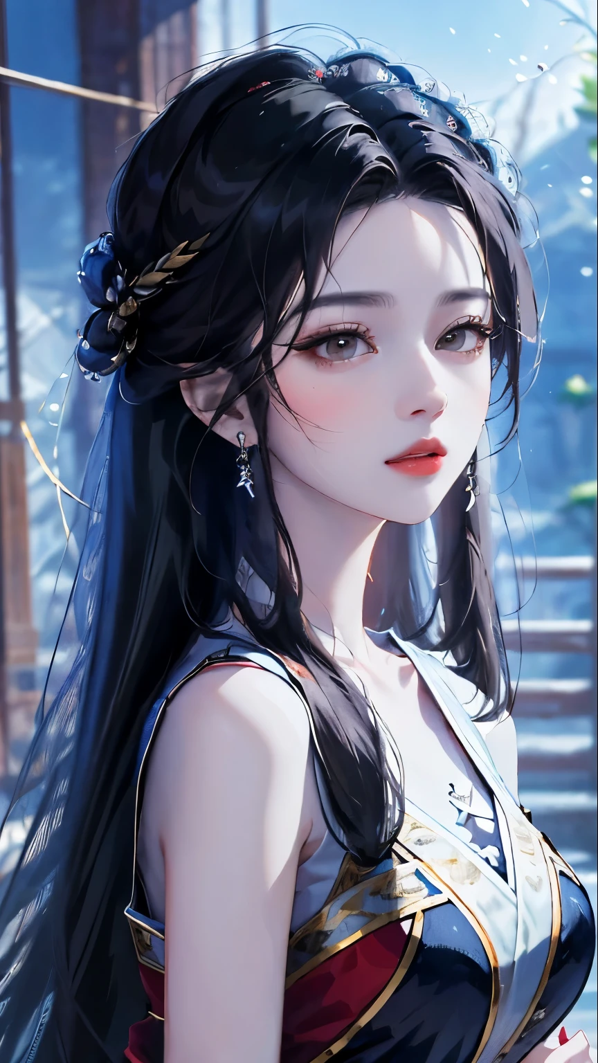 heroes&#39;A masterpiece in the style of ancient Wei Zi，Close-up of a woman with long black hair，Red dress，mistic，Antique rhyme，Exquisite epic character art，The delicate brushstrokes and depth of field in the picture make you immersed in the scene，rays of moonlight，natta，Liu Yifei,blueglow，sharp look，