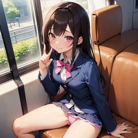 (((masutepiece, Highest Quality, Best Quality, 1girl in, Solo, Beautiful anime、Detailed picture)))、18year old、A slender、skinny thigh、(dark brown hair、Longhaire、Brown-eyed、rounded eyes、Clear department、real  face、),On the train、sitting on a hard blue seat、s...