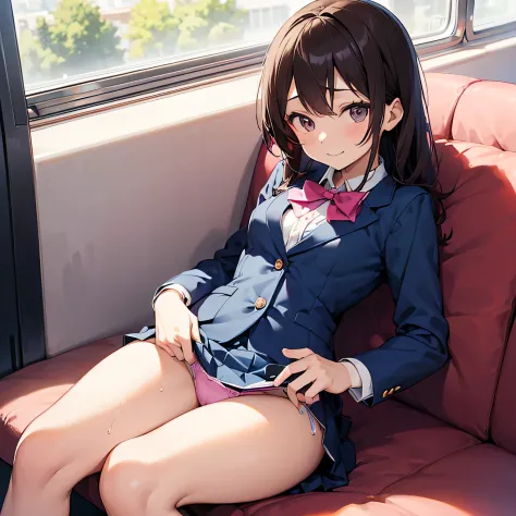 (((masutepiece, Highest Quality, Best Quality, 1girl in, Solo, Beautiful anime、Detailed picture)))、18year old、A slender、skinny thigh、(dark brown hair、Longhaire、Brown-eyed、rounded eyes、Clear department、real  face、),On the train、sitting on a hard blue seat、s...