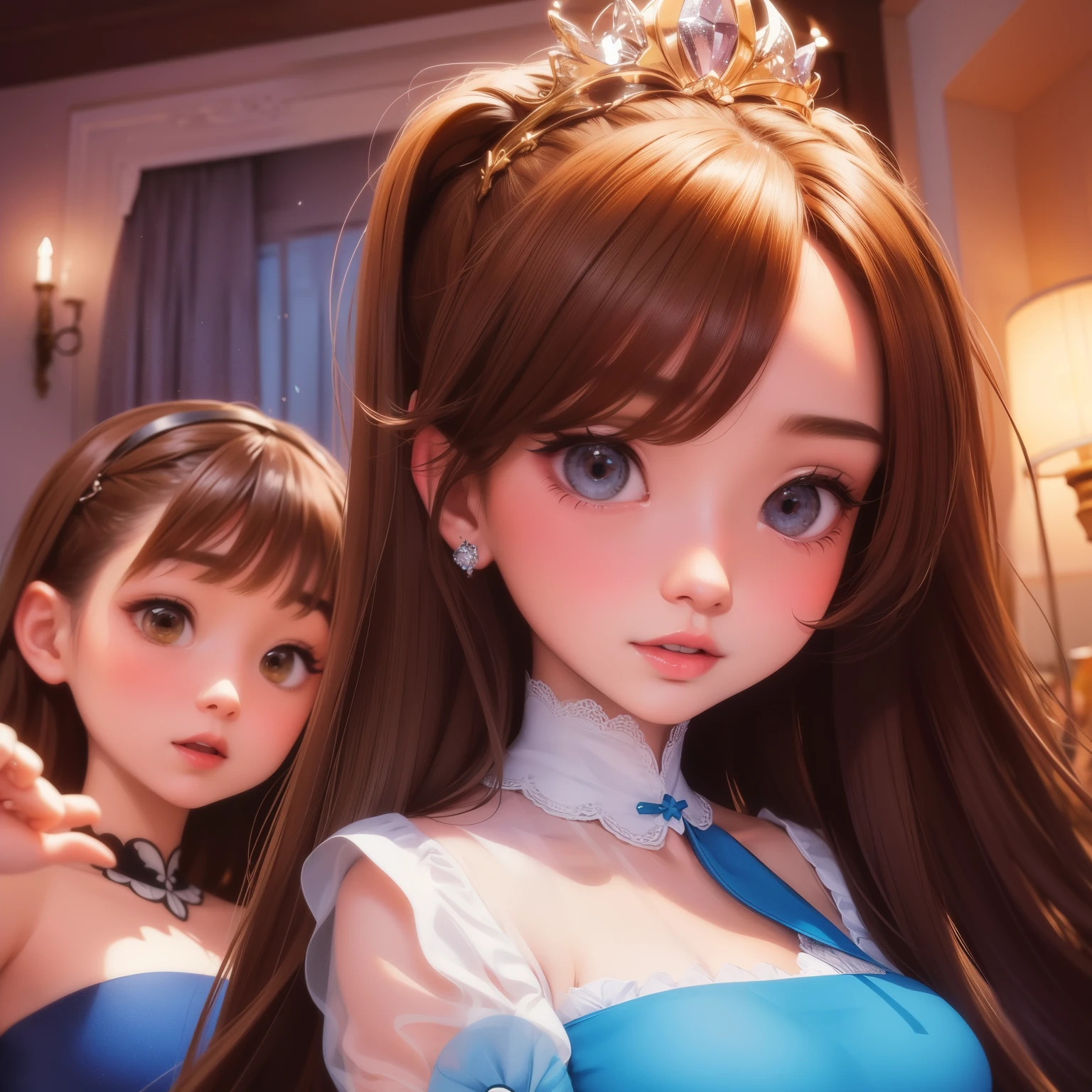 Animación de dos princesas hermanas con ojos y cabello castaños