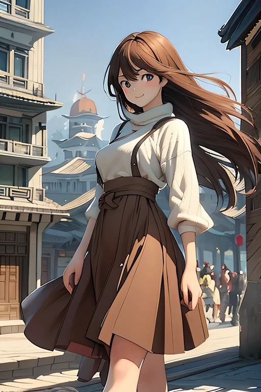 The whole body is depicted, Facing to the side, Smiling, ((Winter clothes, Half Court, long  skirt, Brown boots)), Stylish clothes, 1girl in, Long hair, With Smiling eyes, Brown hair, ((masutepiece, Best Quality, hight resolution, nffsw, Perfect Pixel, depth of fields, 4K,)), 1girl in, Single, Solo, 24 years old, Beautiful anime girl, Beautiful Art Style, Anime Character, ((Long hair, Parted bangs, Brown hair)), rounded eyes, High Precision Eyes, Beautiful eyelashes, Realistic eyes), (Detailed face, Blushing:1.2), (Smooth texture:0.75, Realistic texture:0.65, Photorealistic:1.2, Cinematic, Anime CG style), medium breasts, Perfect body, Daytime, rays of sunshine, Bokeh:1.4, (plein air, chinese buildings, Large crowds), ((The wind blows)), Graceful, top-notch, elegent