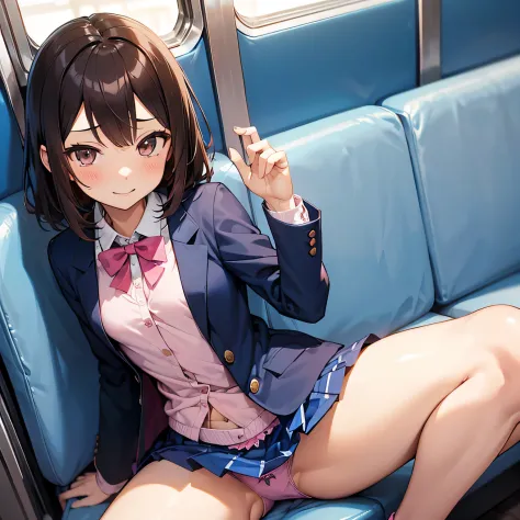 (((masutepiece, Highest Quality, Best Quality, 1girl in, Solo, Beautiful anime、Detailed picture)))、18year old、A slender、Normal breasts、skinny thigh、(dark brown hair、Longhaire、Brown-eyed、rounded eyes、Clear department、real  face、),On the train、sitting on a h...