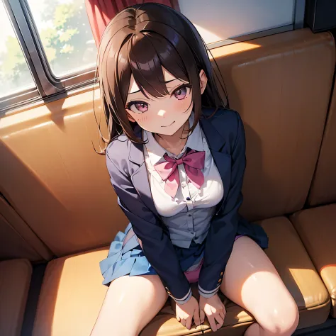(((masutepiece, Highest Quality, Best Quality, 1girl in, Solo, Beautiful anime、Detailed picture)))、18year old、A slender、Normal breasts、skinny thigh、(dark brown hair、Longhaire、Brown-eyed、rounded eyes、Clear department、real  face、),On the train、sitting on a h...