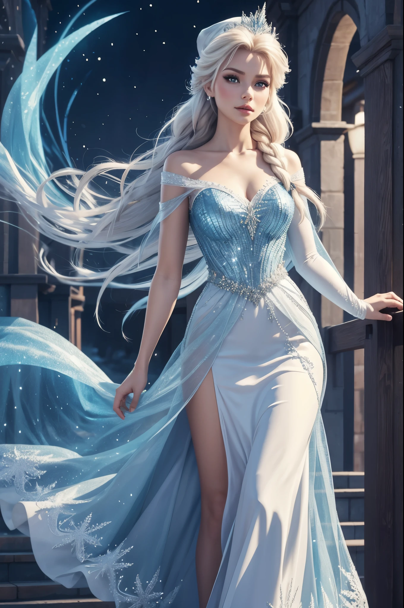 Gere uma imagem realista de Elsa de Frozen, personagem real Frozen Elsa, vestido com moda moderna para o Ano Novo . Vestido com textura HDR 8K, renderização visual Elsa, Elsa deveria estar usando um vermelho, vestido longo delicado , junto com um chapéu de Papai Noel de Ano Novo. O vestido deve ser estiloso e adequado para uma princesa. Vestido de ano novo com penas e borlas reais