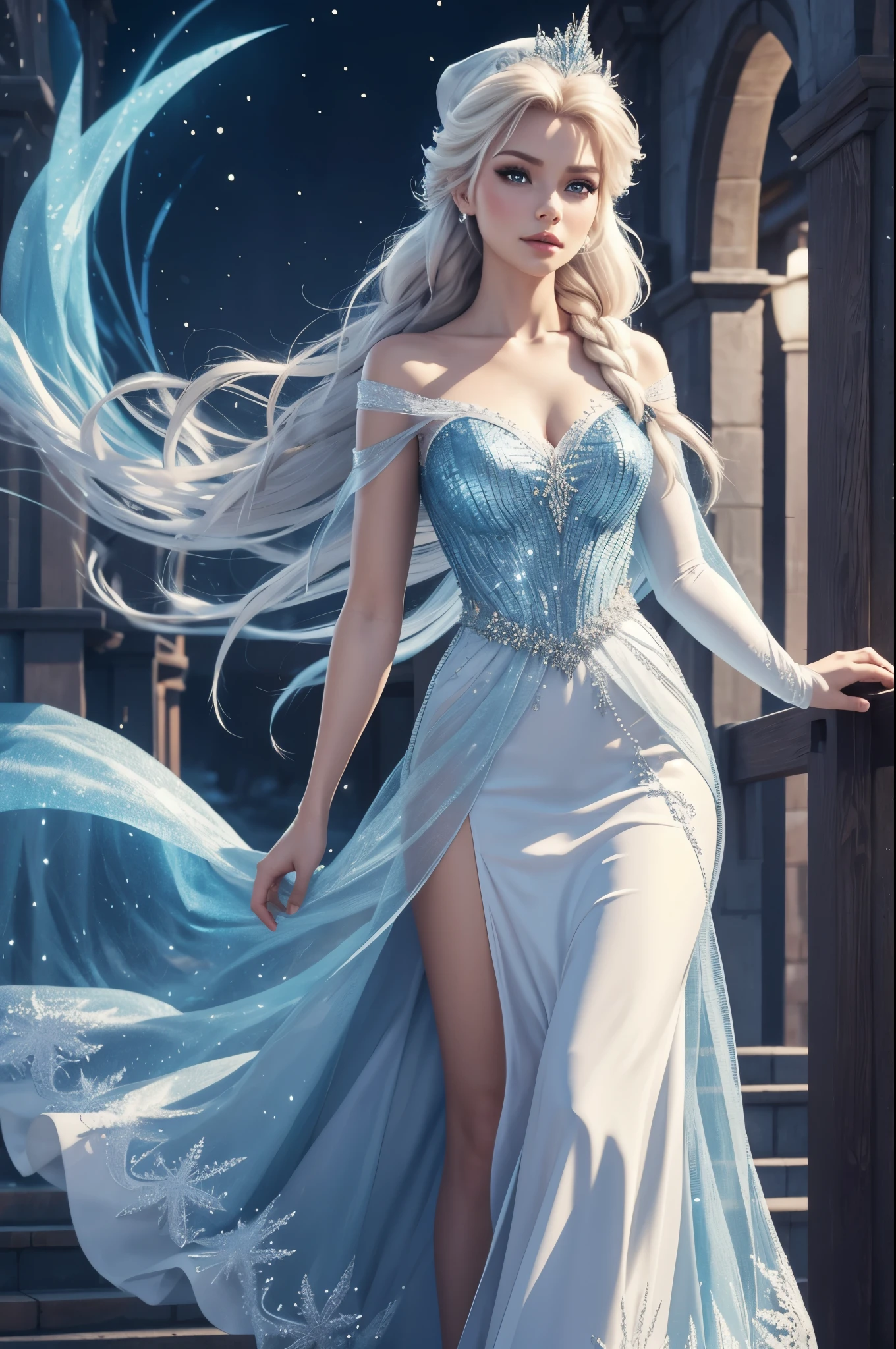 Genera una imagen realista de Elsa de Frozen, personaje real congelado elsa, Vestida a la moda moderna para el Año Nuevo. . Vestido de textura HDR 8K, visual render Elsa, Elsa debería llevar un vestido rojo., vestido largo delicado , junto con un gorro de Papá Noel de Año Nuevo. El vestido debe ser elegante y adecuado para una princesa.. Vestido de año nuevo con plumas y borlas reales.