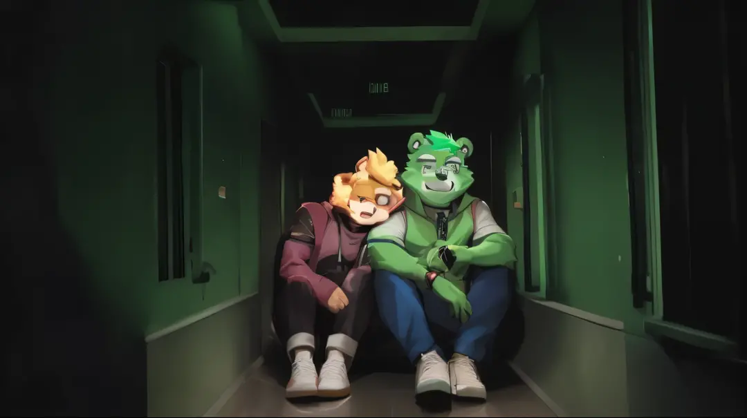 anthro, tiger lay his head on the bear, 2boy, there is a man sitting in a hallway with a mask on, two buddies sitting in a room, jacksepticeye as a muppet, android jones and atey ghailan, still from a music video, taken with sony alpha 9, medium shot of tw...
