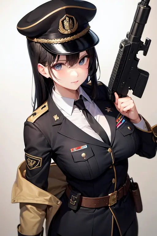 Military Uniform, Black Hair, Breast, Military Cap, Gun