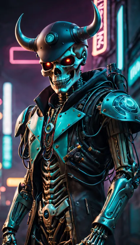 (Best quality at best,4K,8K,A high resolution,tmasterpiece:1.2),ultra - detailed,(actual,photoactual,photo-actual:1.37),cyber punk personage，cowboys，skeleton head，bull horn arm，metalictexture，Cybernetics，cowboys hat，neon light background，technologies，A fut...