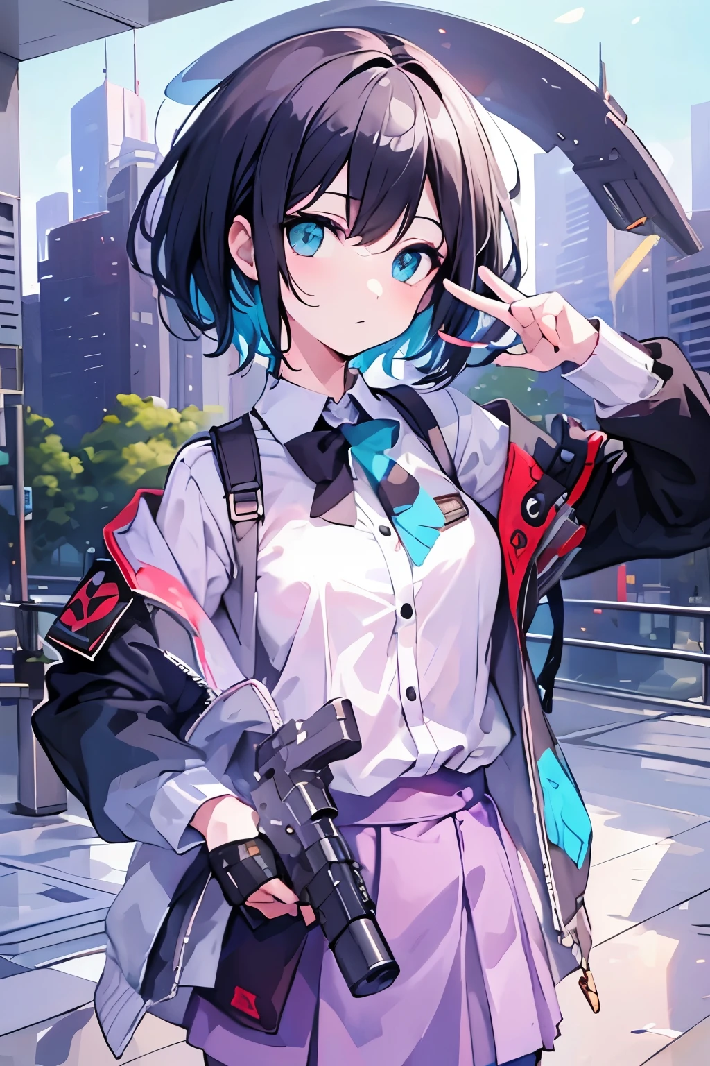 (masutepiece:1.2, Best Quality, Top Quality, Lens Flare, Depth of Field,), (Close Up: 1.3), (Wide Shot, Fisheye: 0.85), Face Focus, [1 girl in, expressioness, (Turquoise eyes:1.3),jet-black hair, Half shorthair,White jacket,Take off your jacket, Blouse with Open Chest, breast, ] , (Holding a Weapon, Holding a pistol, Aiming, Aiming:1.2), gun, firing, city, street, road sign, skyscraper,