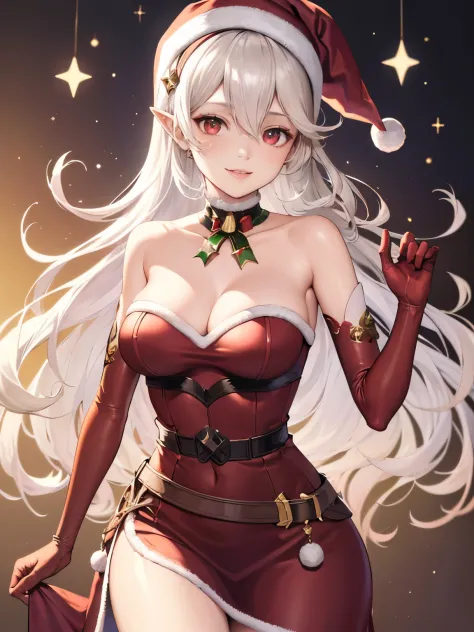 1girl, solo, masterpiece, best quality, high res, highly detailed, (illustration), beautiful detailed eyes, defCorrin, black hairband, long hair, white hair, red eyes ,glossy lips, makeup, smile, long white satin elbow gloves, cowboy shot, (santa), red san...