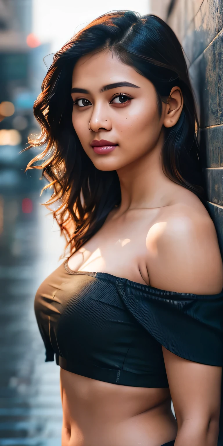 Full face portrait photo of 2 indian girl, RAW, beautiful woman, semi-open strawberry lip, dimples, wistful expression, (brown hair with extra long wavy), ((detailed face)), ((detailed facial featureine detailed skin), pale skin, cyberpunk megacity environment, (cool color), moist, damp, reflection, (masterpieceShot with Canon EOS R5 (detail) (Realistic photos) (Detailed details) 50mm lens, f/2.8, HDR, (8k) (wallpaper) (cinematic lighting) (dramatic lighting) (sharp focus) (complex), RAW photography, RAW photography, gigachad photography, camera pose, black jeans, back arm, 8k uhd, dslr, high quality, Grain Film, Fujifilm XT3, Film Stock Photo 4 Kodak Portra 400 Camera F1.6 Lens Rich colors Ultra-realistic textures Dramatic lighting Unreal Engine Art Station Trends Cinestill 800 Tungsten, Toughboy Style, Ultra Focus Face, Intimidating, Fighting Position, Short Messy Hair, Muscles, Bursting Veins, Beads, (( off-shoulder crop top)), instragam influancer, clear smooth face, looking to viewers