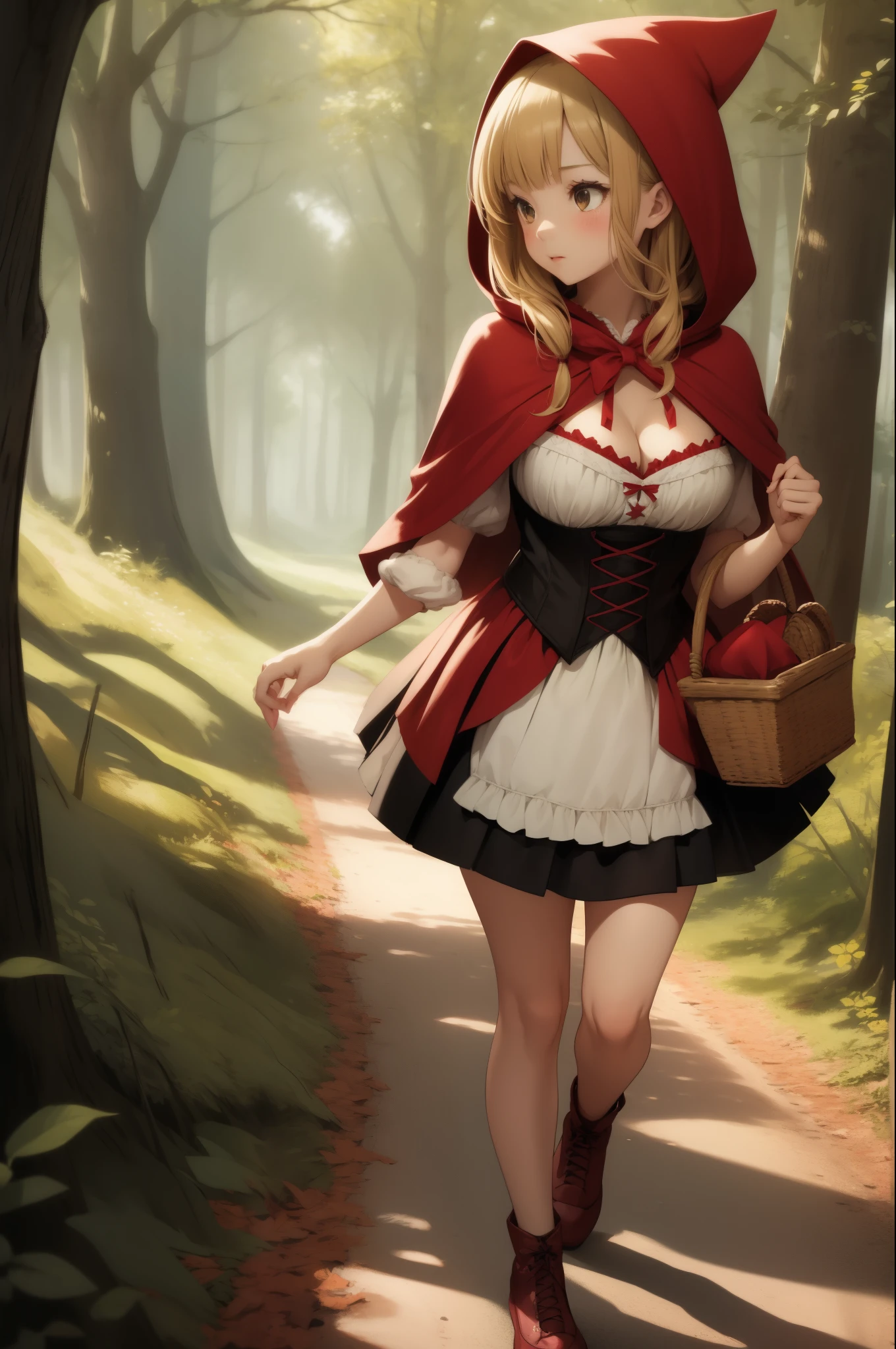 1girl, little red riding hood, frilled dress, forest, walking, basket, miniskirt, blonde hair, cleavage, masterpiece, best quality, highly detailed