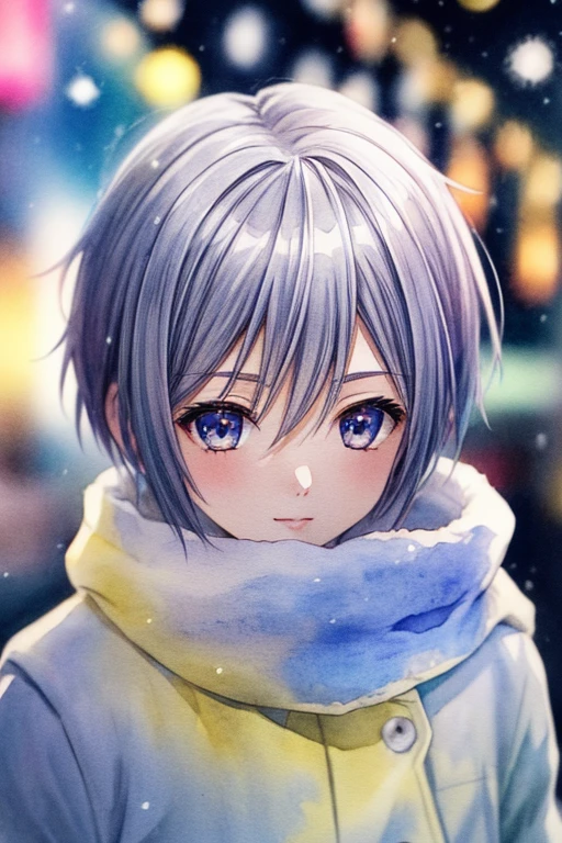 Glanz, weiche Konturen, detaillierter Hintergrund, Helle Farben,
1 Mädchen, Aquarell, kyoani haruhi style, Nagato Yuki, Kurzes Haar, Schnee,  Halbkörperporträt, Pastellfarben, (ink:1.3), kalte Winterlichter, Aquarell background